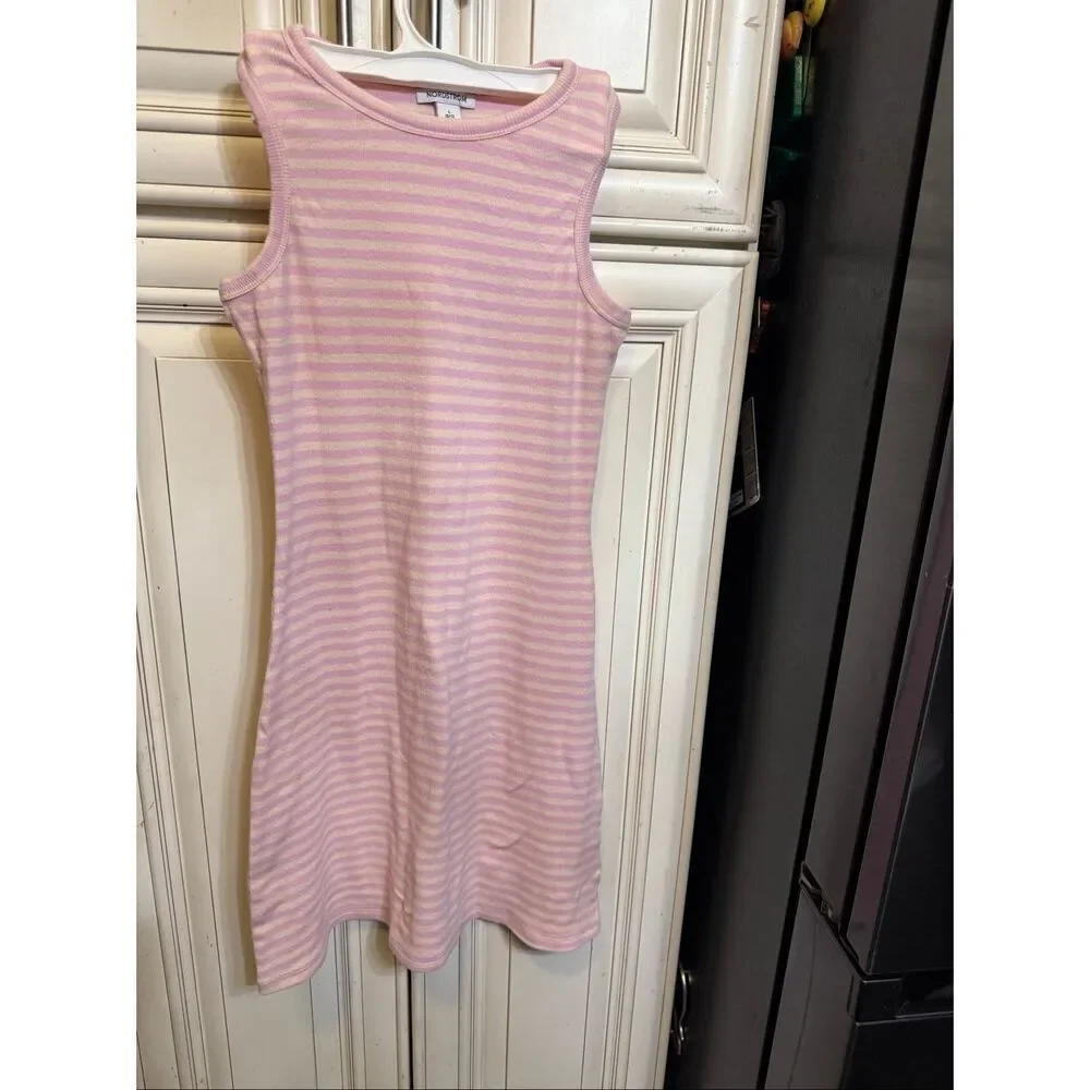 Nordrstrom Girls Striped Ribbed Stretch Sleeveless Tank Dress Pink Tan Sz 10/12